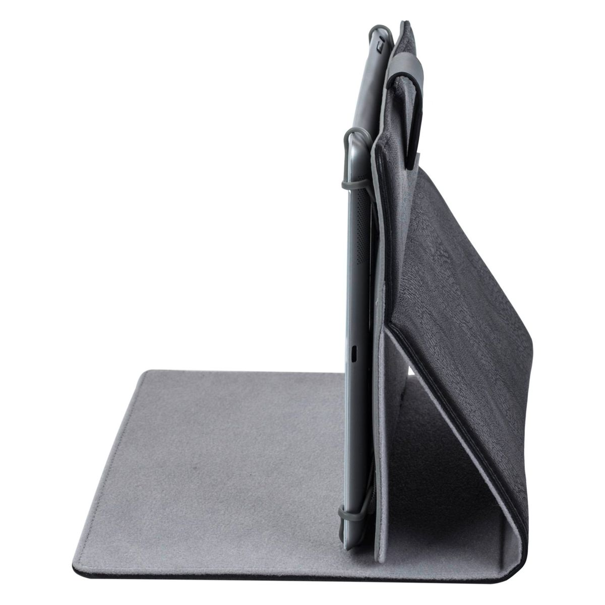Una funda gris para tableta con una tableta insertada. La funda está en ángulo, mostrando la pantalla.