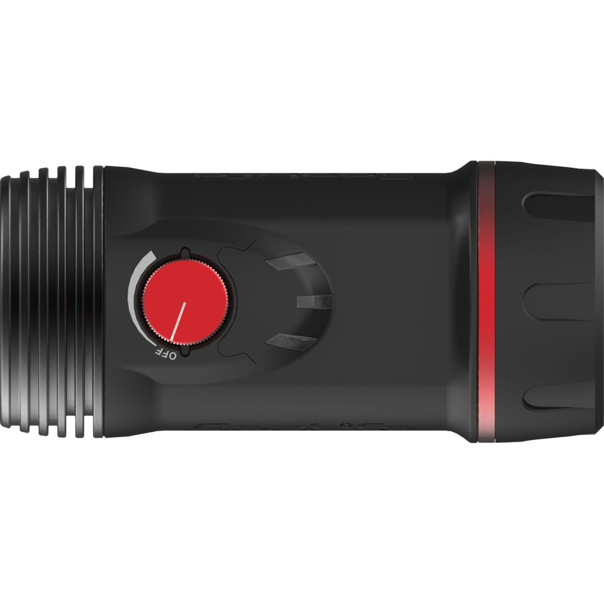 Una torcia nera con un quadrante rosso e un anello rosso. Il quadrante ha un marchio 'OFF'.