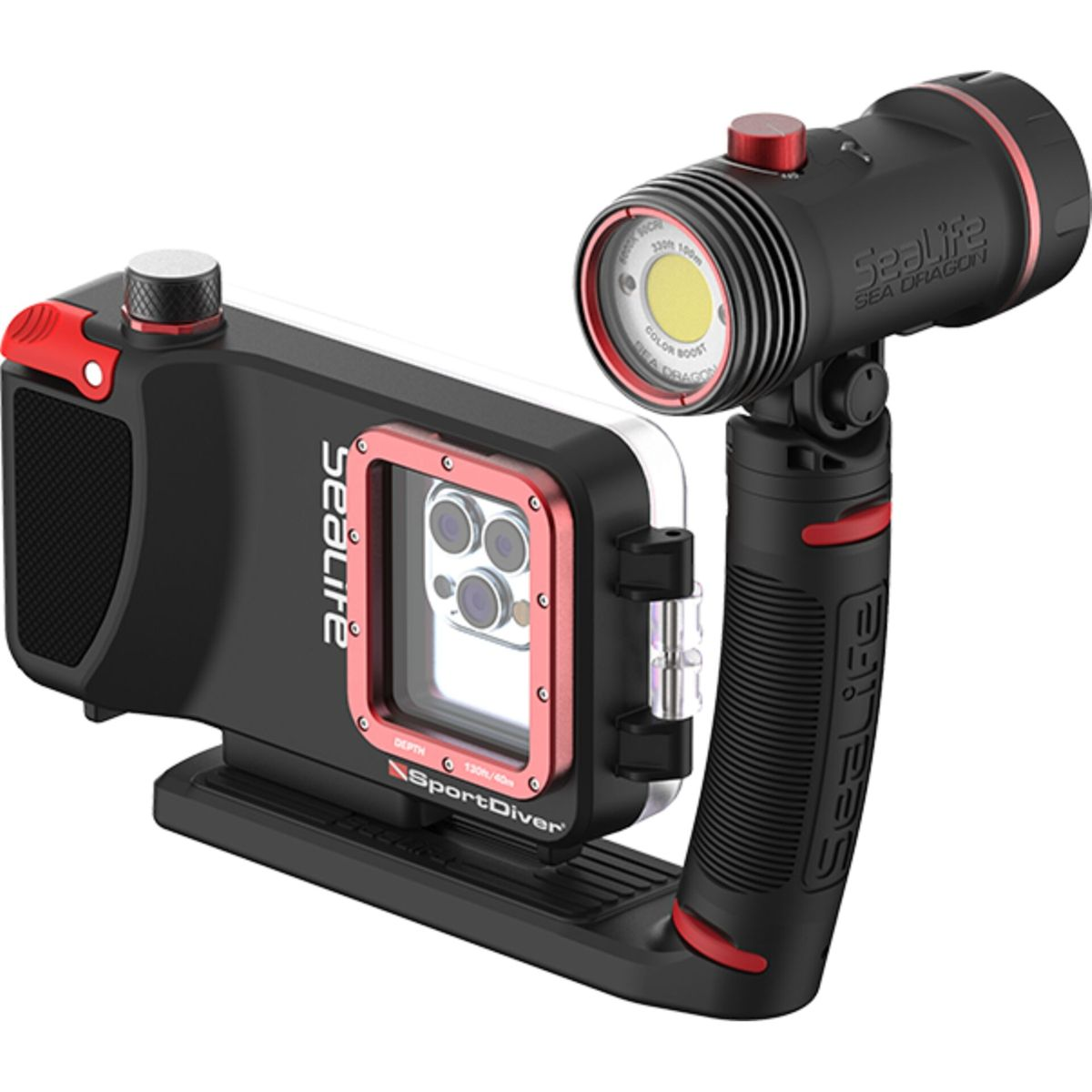 Un alloggiamento per fotocamera subacquea nero con luce attaccata. Un accento rosso è visibile sulla fotocamera.
