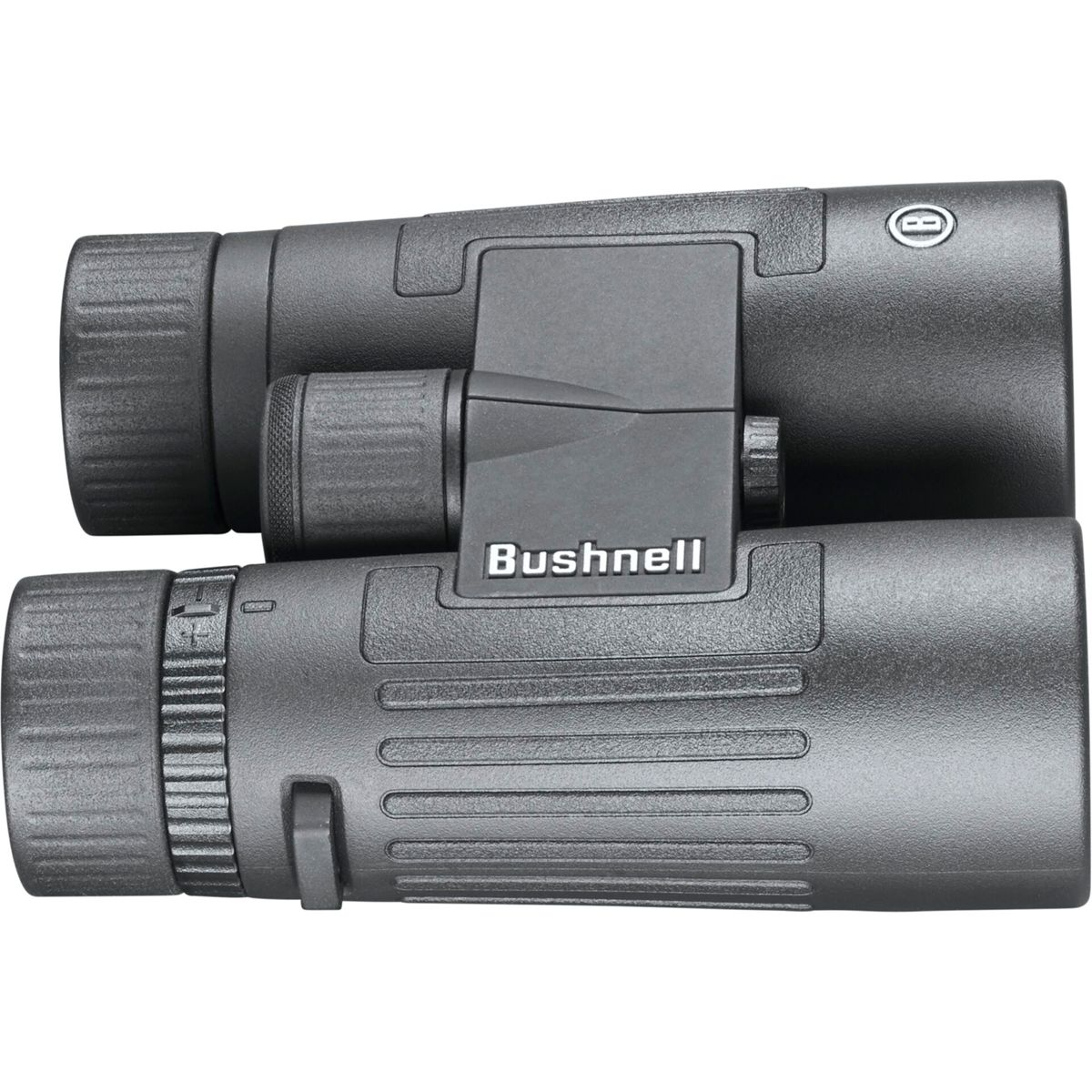 Binocolo Bushnell nero. Il marchio è visibile. La messa a fuoco è al centro.