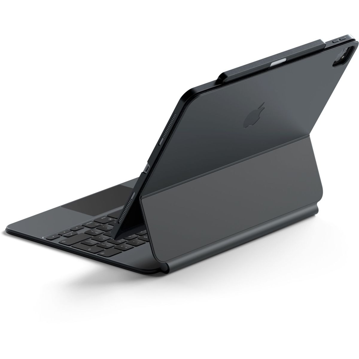 Schwarzes iPad mit Tastaturhülle, offen auf weißer Oberfläche. Das Apple-Logo ist auf der Rückseite sichtbar.
