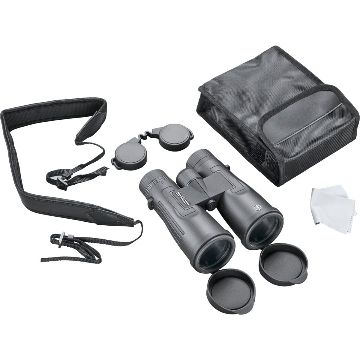 Un set di binocoli con accessori. Include cinturino, copriobiettivo, una borsa e un panno per la pulizia.