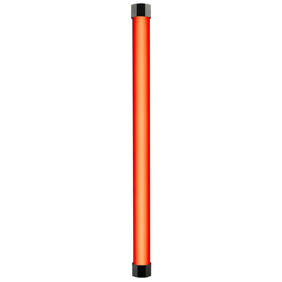 Eine lange, vertikale, rote LED-Lichtröhre mit schwarzen Enden. Sie steht allein vor weißem Hintergrund.