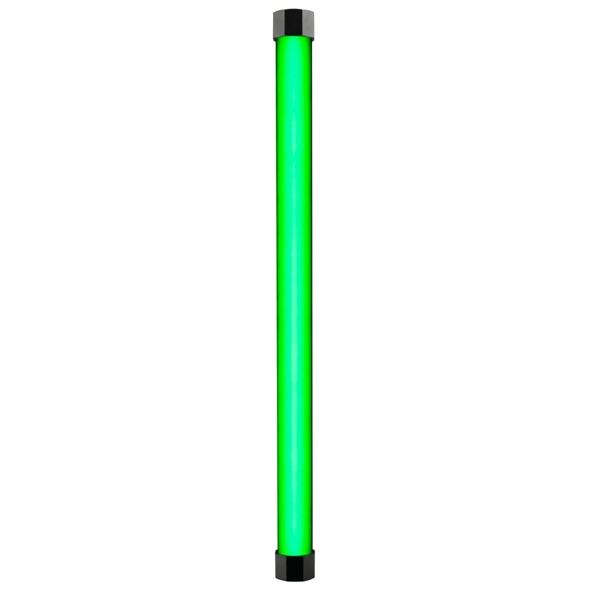 Eine lange, vertikale, grüne LED-Lichtröhre mit schwarzen Enden. Sie steht allein vor weißem Hintergrund.