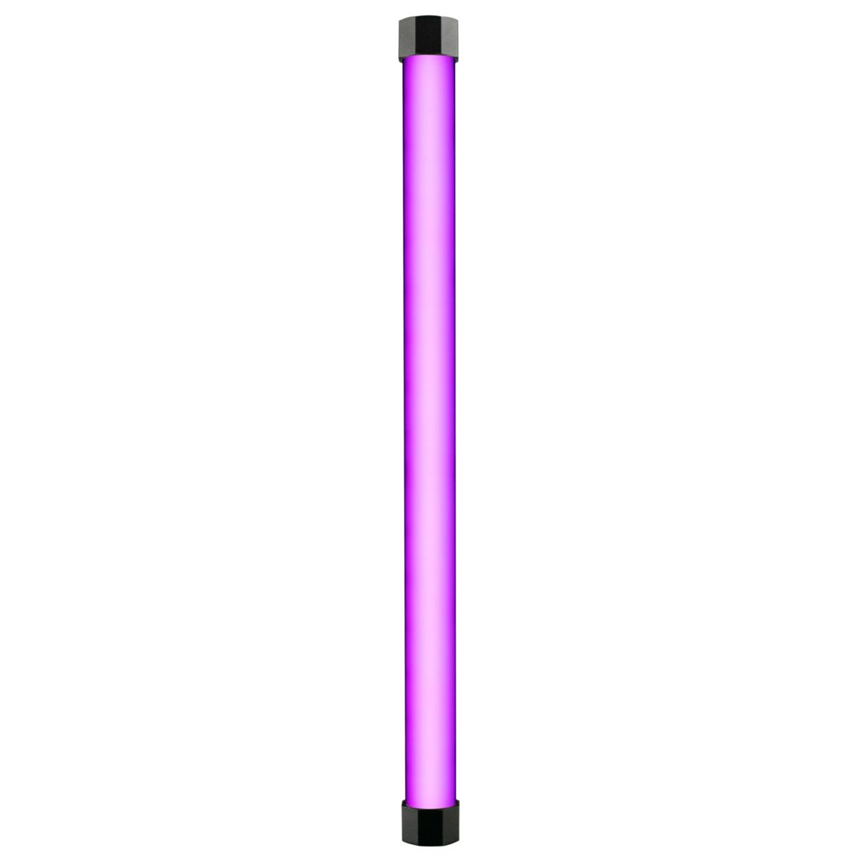 Eine lange, vertikale, violette LED-Lichtröhre. Sie hat schwarze Enden und befindet sich auf weißem Hintergrund.
