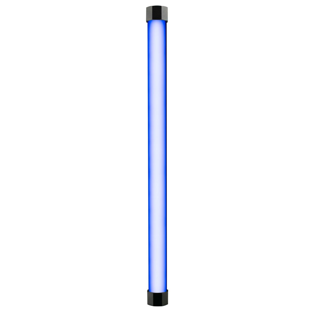 Eine vertikale Lichtröhre mit blauem Licht. Es hat schwarze Kappen an beiden Enden.