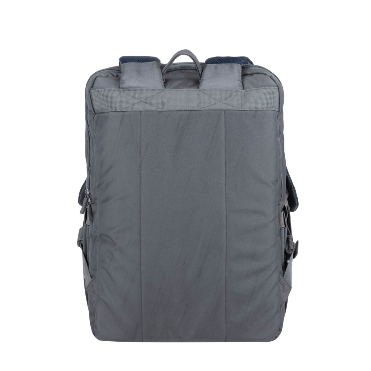 Grauer Rucksack von der Rückansicht. Er hat zwei Träger und einen Griff oben.
