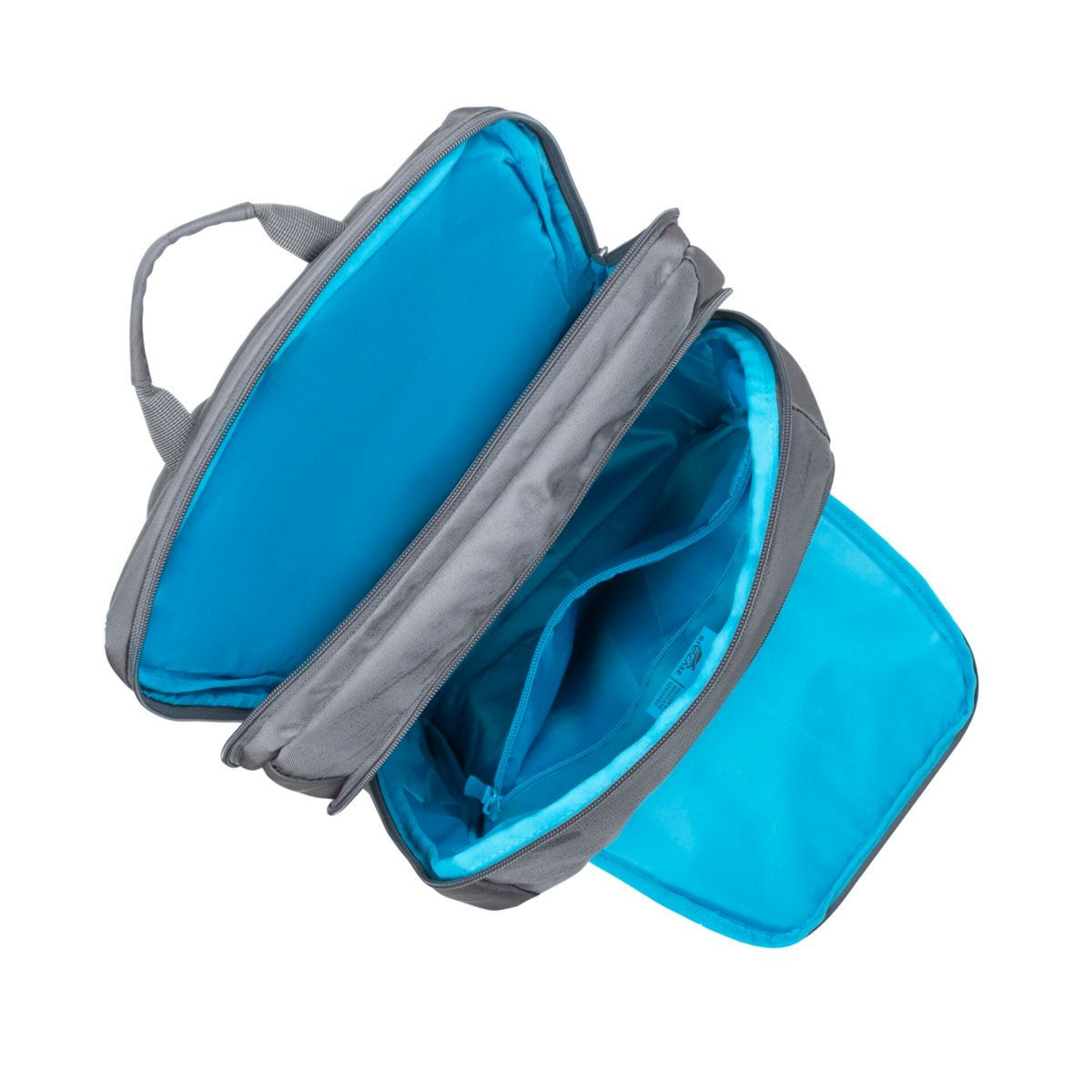Grauer Rucksack geöffnet mit blauem Innenraum. Die Tasche hat mehrere Fächer.