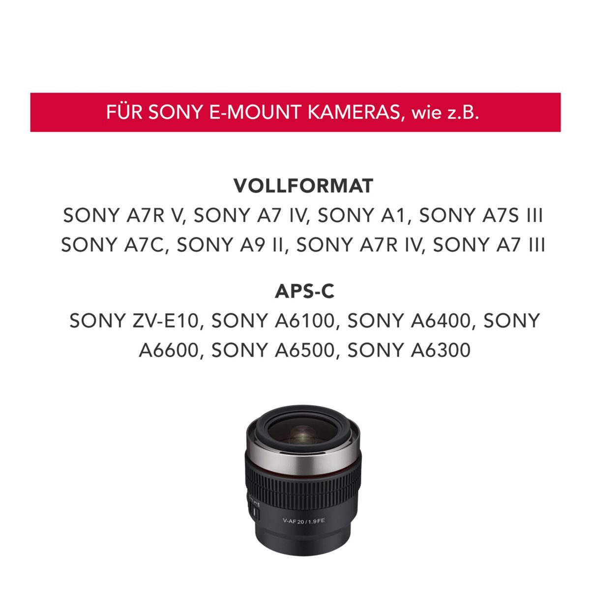 Text, der kompatible Kameras auflistet, darunter Sony A7R V, A7 IV, A1, A7S III, A7C und andere.