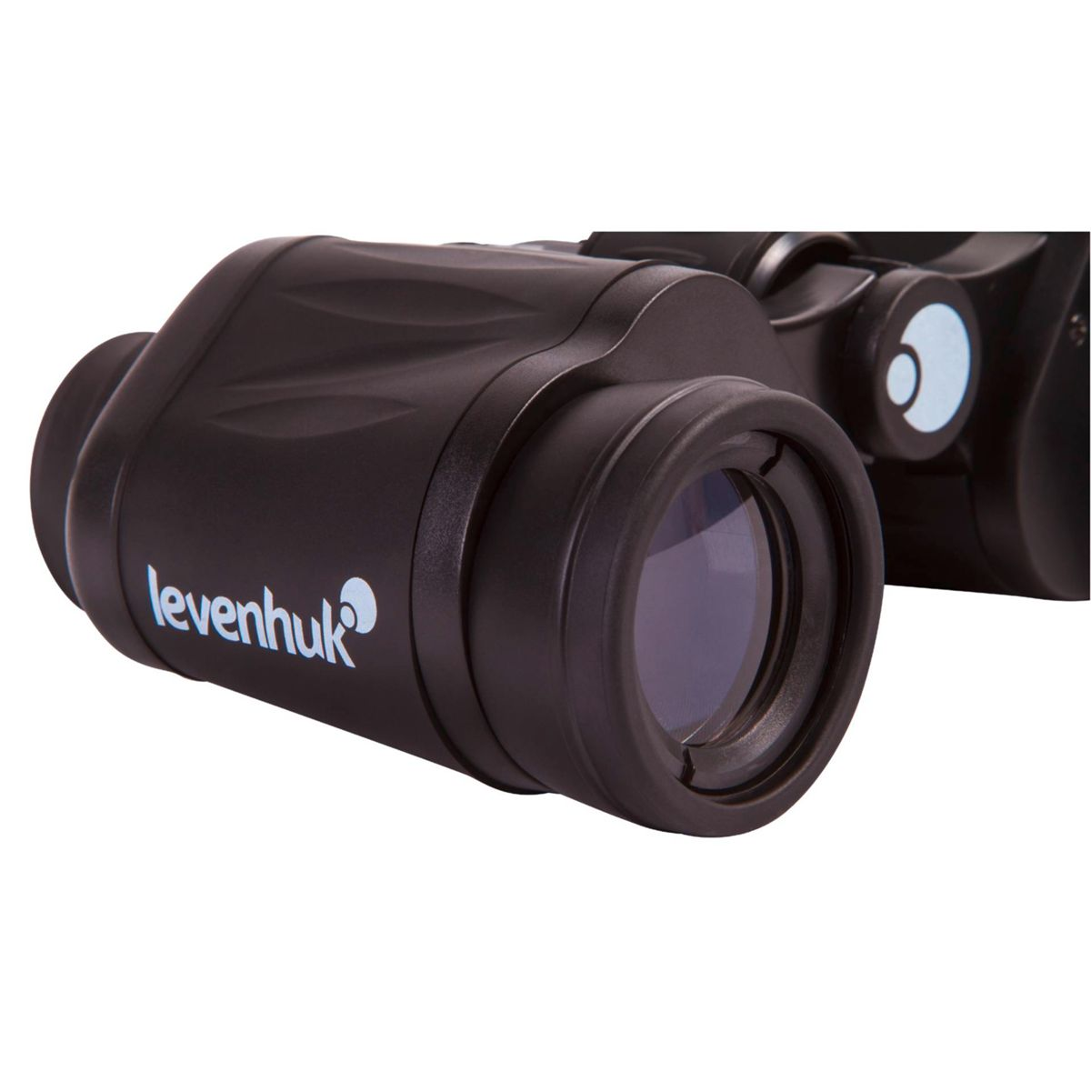Binocolo nero con logo Levenhuk. L'immagine si concentra sull'obiettivo.