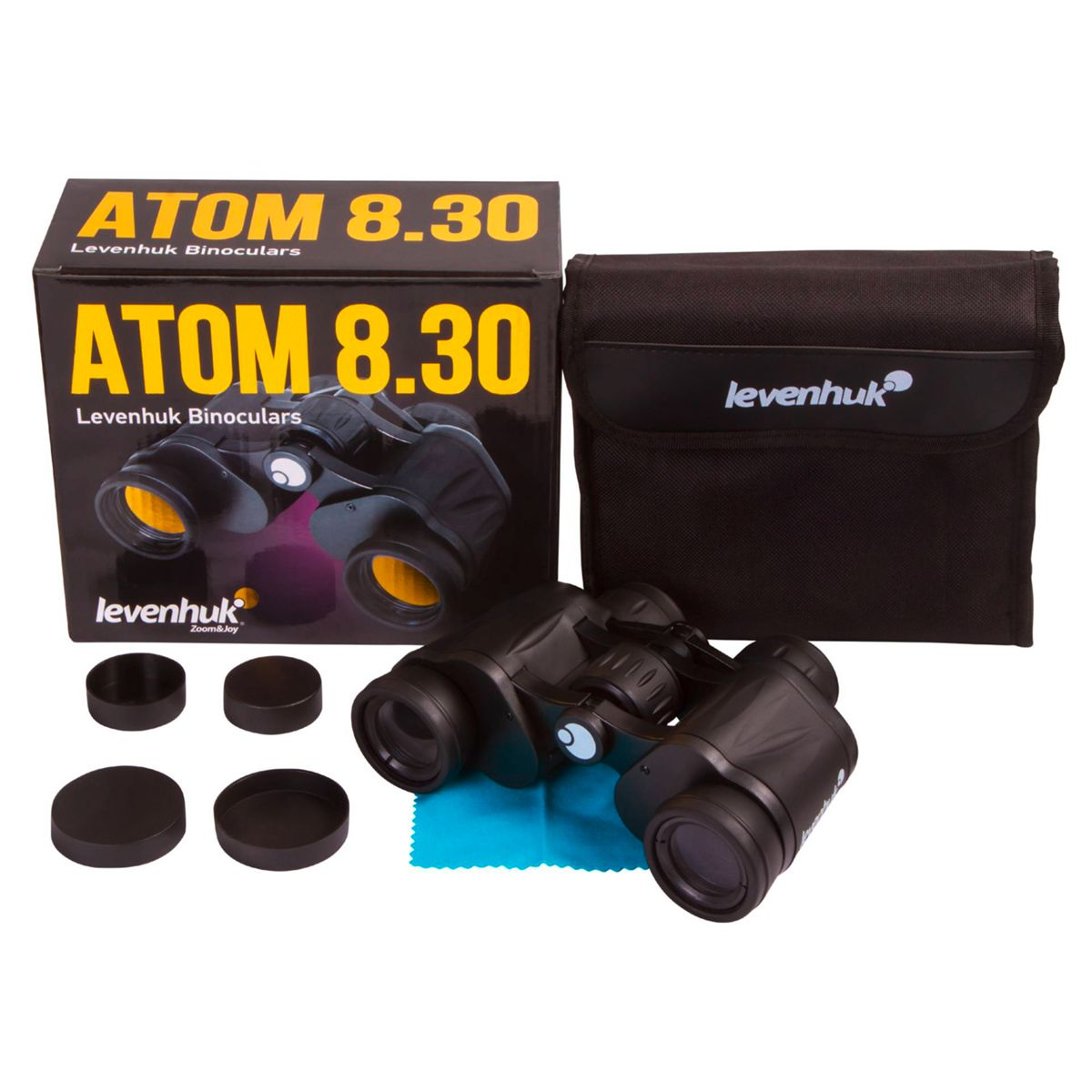 Binocolo in una scatola con accessori. La scatola ha il nome ATOM 8.30 e una borsa.