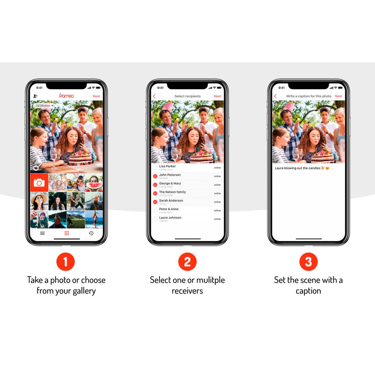 Trzy ekrany telefonów pokazujące kroki aplikacji: wybór zdjęcia, wybór odbiorców i podpisy.