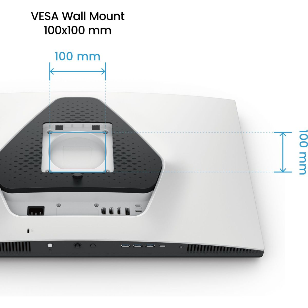 Zbliżenie tyłu monitora z wymiarami do montażu ściennego VESA: 100x100 mm.