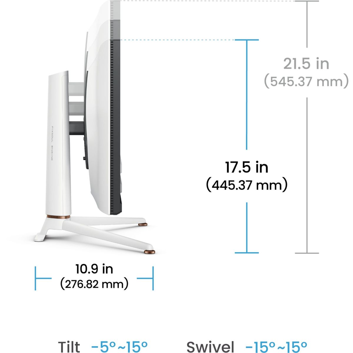 Biały monitor z wymiarami wyświetlanymi w calach i milimetrach.