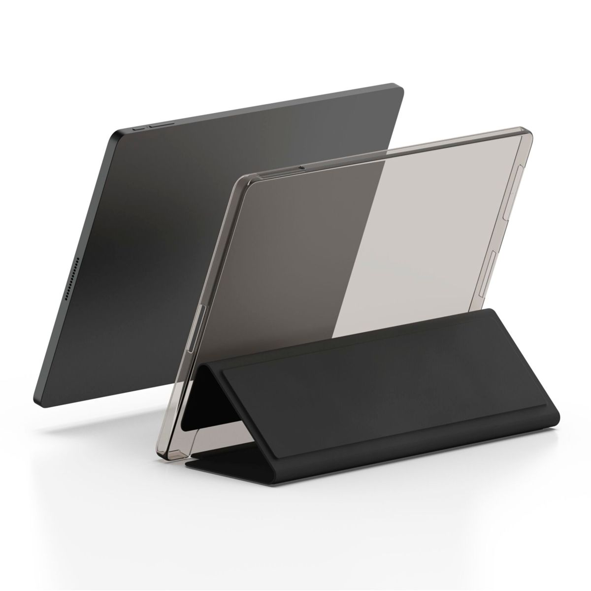 Zwei Tablets, eines vorne und eines hinten, beide ruhen auf einer schwarzen Hülle.