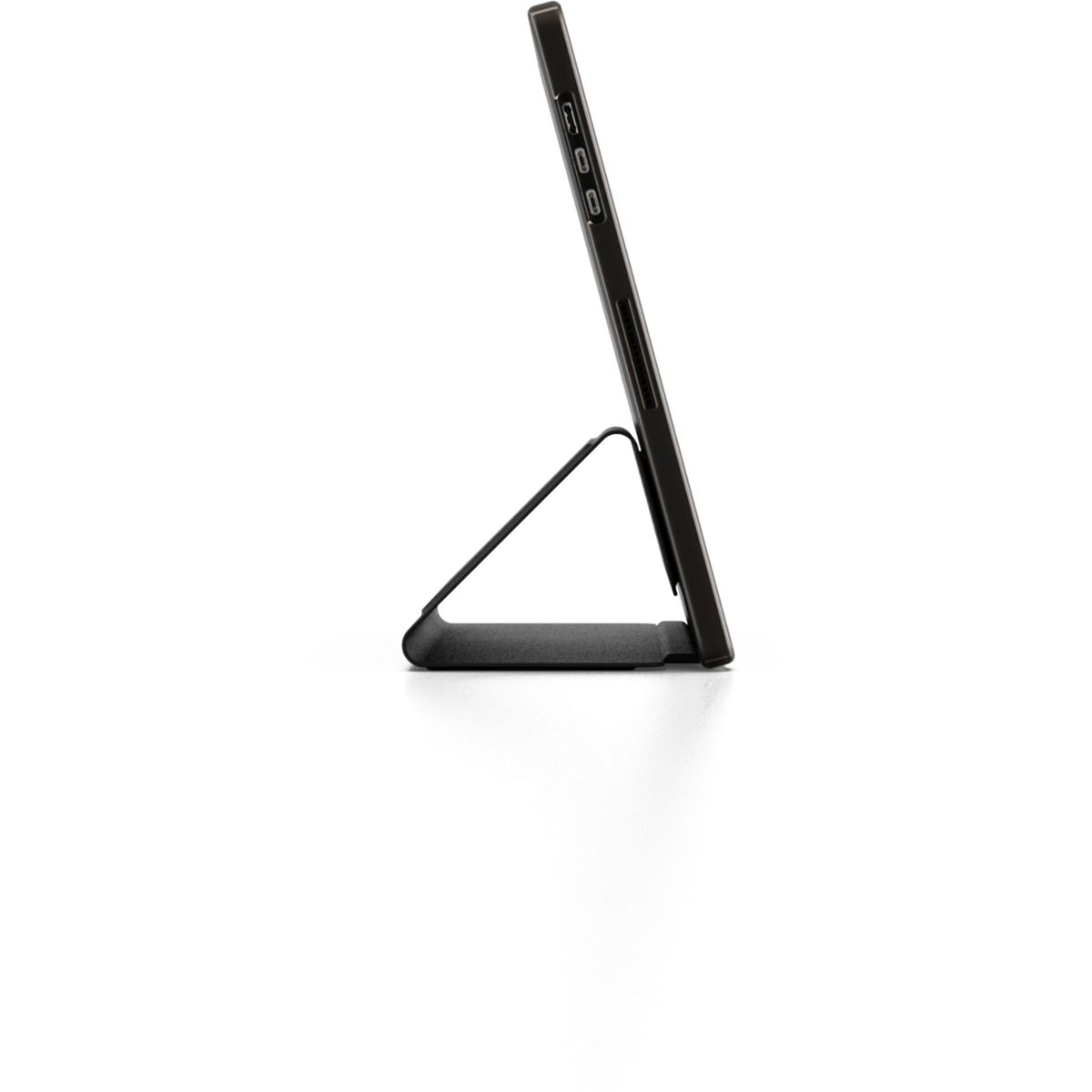 Ein Tablet, das auf einem Ständer aufgestellt ist. Das Tablet ist schwarz und der Ständer auch.