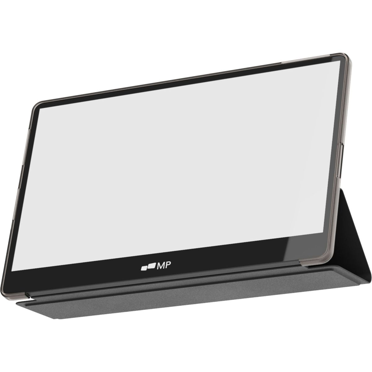 Ein Tablet in einer schwarzen Hülle wird mit einem weißen Bildschirm angezeigt.