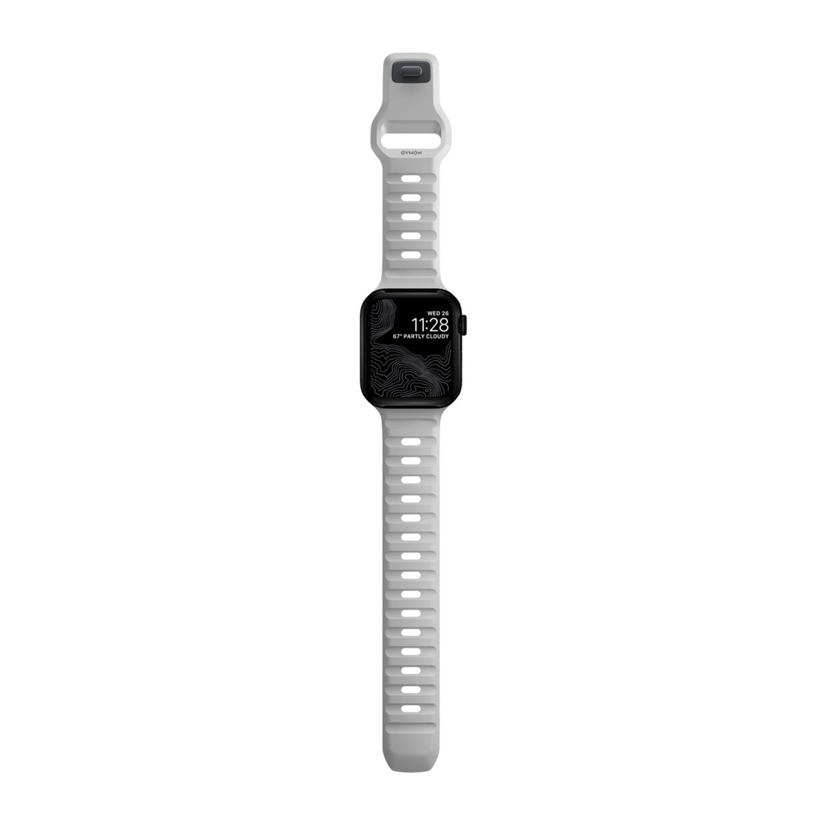 Biały pasek do zegarka z dołączonym Apple Watch. Tarcza zegarka pokazuje godzinę i pogodę.