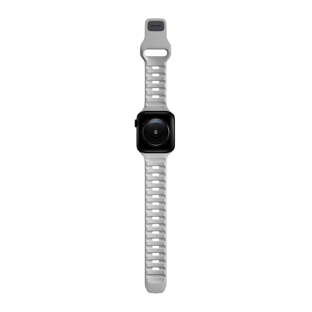 Biały pasek do zegarka z Apple Watch. Tarcza zegarka jest czarna i wyświetla mapę.