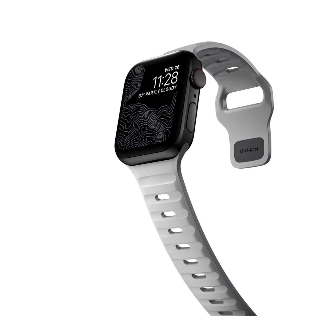 Szary smartwatch z białym paskiem wyświetla godzinę i pogodę.