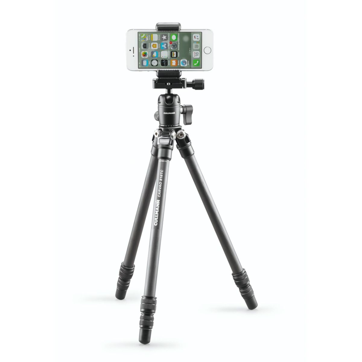 Smartfon zamontowany na statywie. Telefon wyświetla ekran główny z ikonami aplikacji.