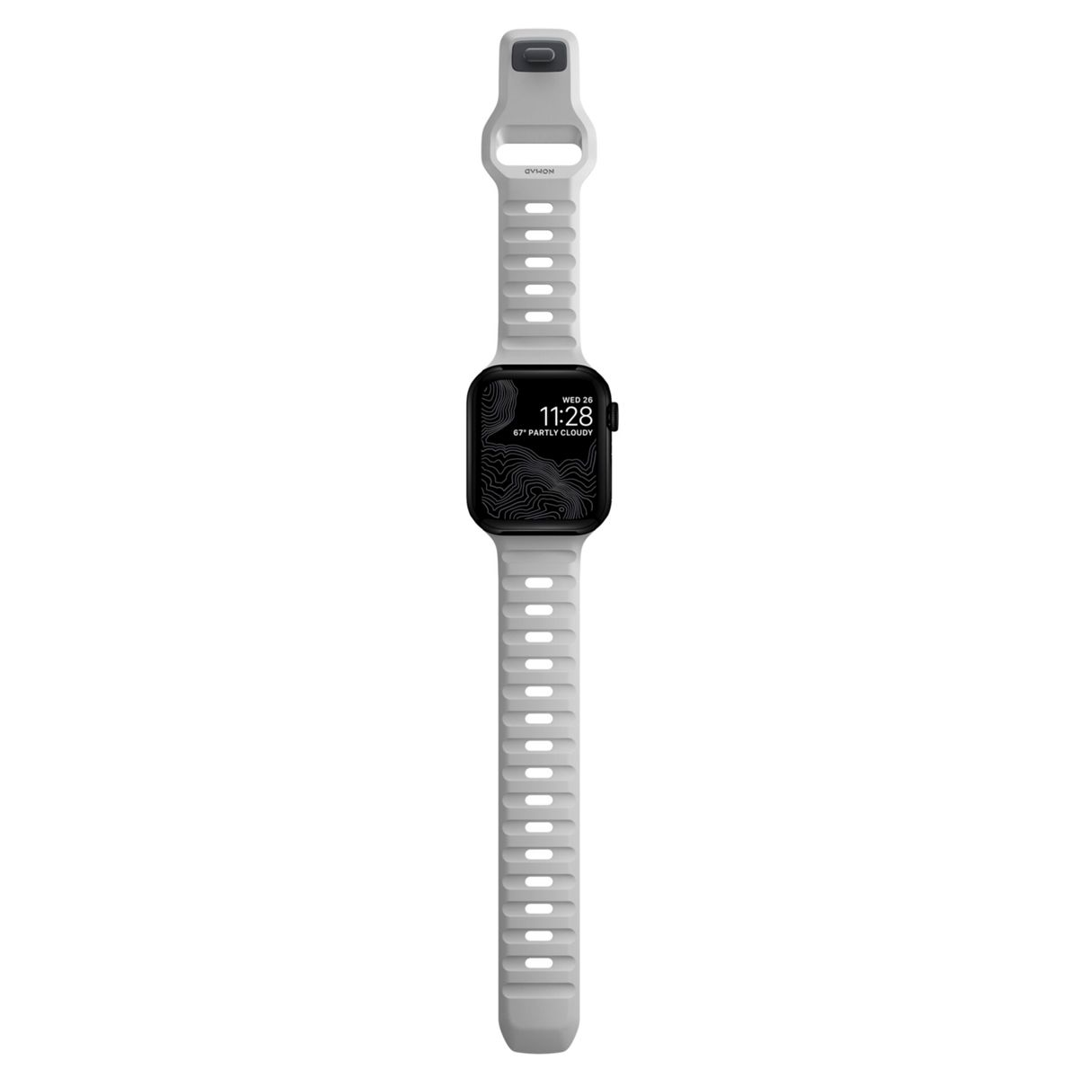 Eine graue Smartwatch mit weißem Armband zeigt die Uhrzeit und das Wetter an.
