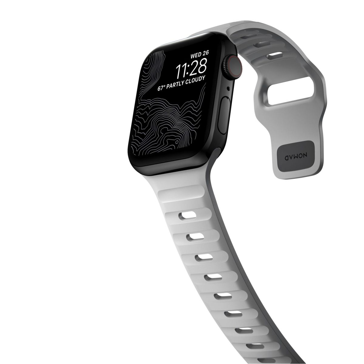 Eine graue Smartwatch mit weißem Armband zeigt die Uhrzeit und das Wetter an.