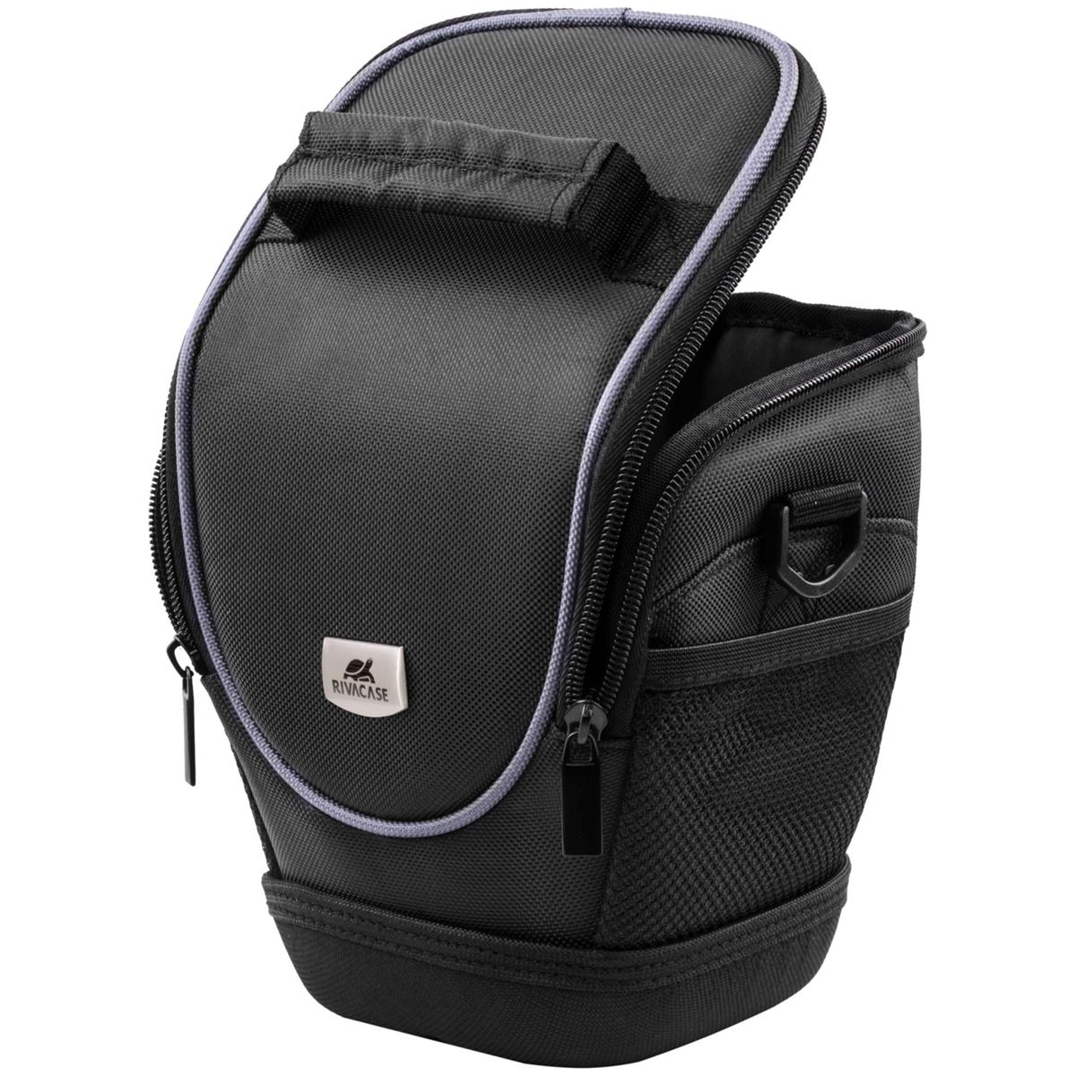 Eine schwarze Kameratasche, offen, mit Griff und Reißverschluss. Die Tasche hat ein silbernes Rivacase-Logo.
