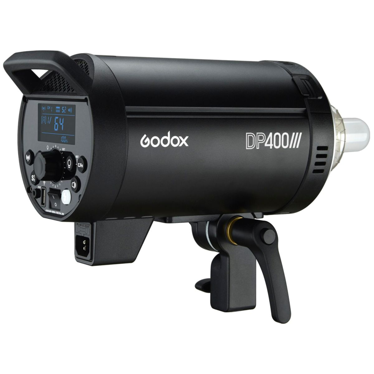 Una luce da studio nera con il marchio 'Godox'. Ha un display, pulsanti e una maniglia. Sfondo bianco.