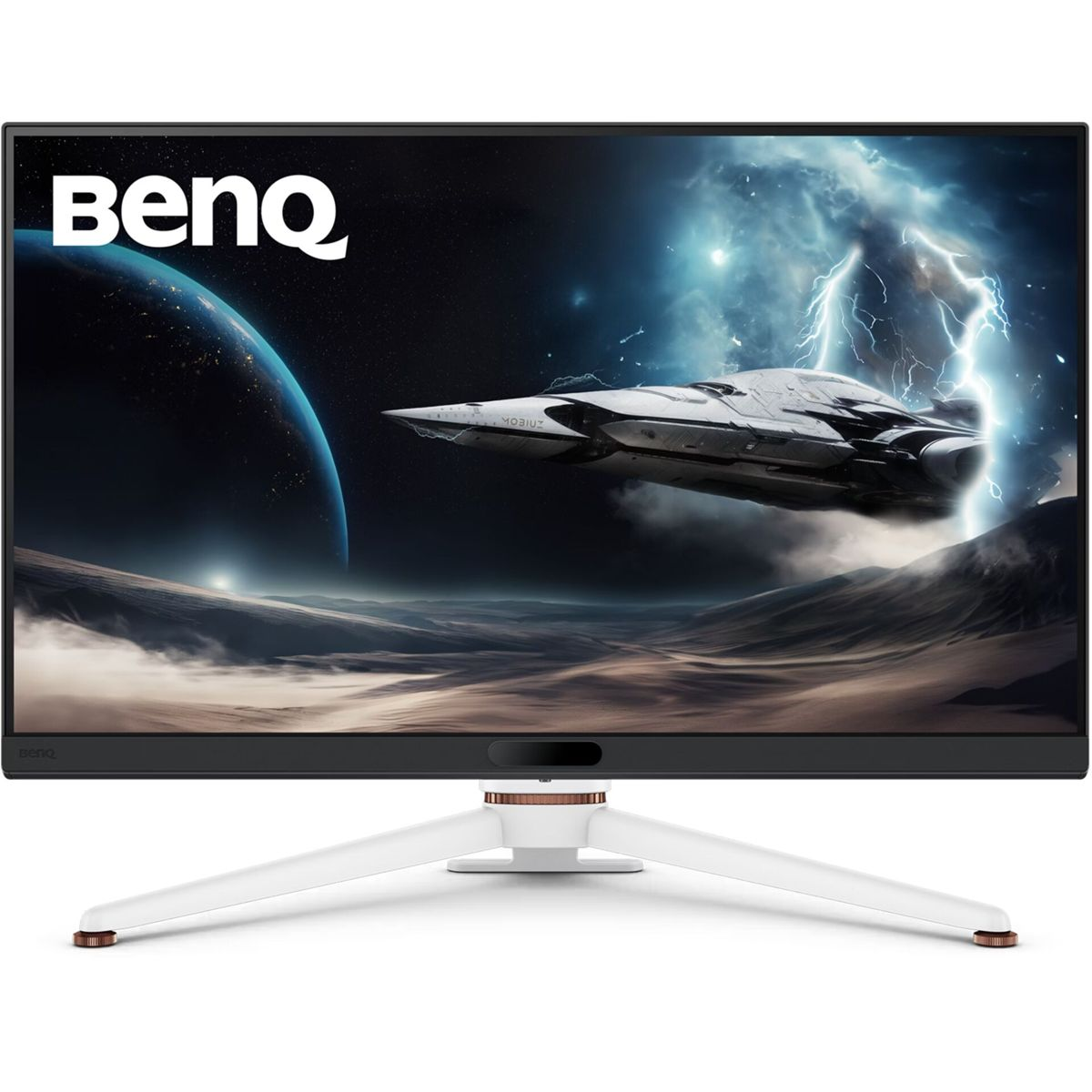 Monitor BenQ wyświetla scenę kosmiczną z statkiem kosmicznym. Ma białą podstawę i czarną ramkę.