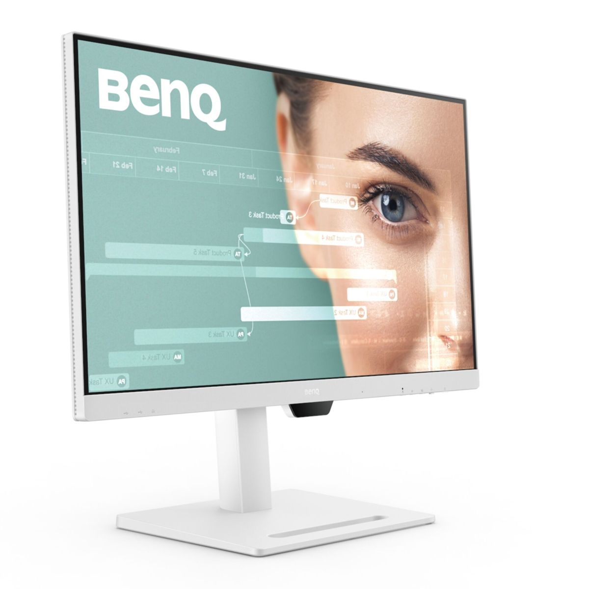Monitor BenQ pokazuje oko kobiety i tekst. Ma białą ramę i podstawę, na białej powierzchni.