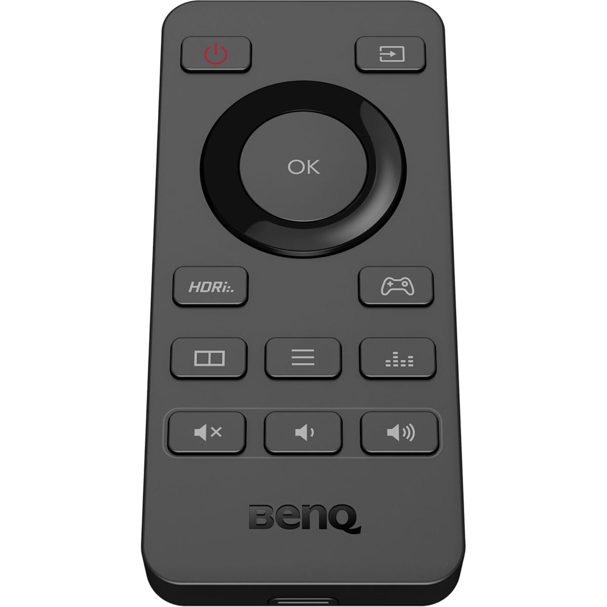 Czarny pilot BenQ z kilkoma przyciskami, w tym zasilania, ok, HDRi, menu i regulacją głośności.