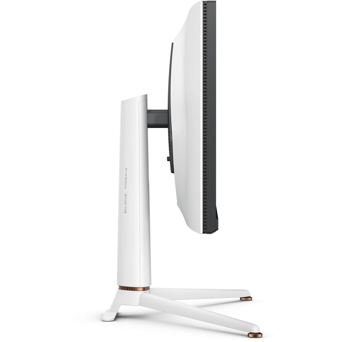 Widok z boku białego monitora Pixsoul Engine z białą podstawą i miedzianymi akcentami.