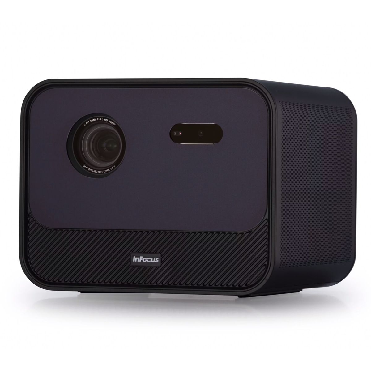 Czarny projektor Infocus z zaokrąglonymi krawędziami. Pokazuje obiektyw i logo Infocus.