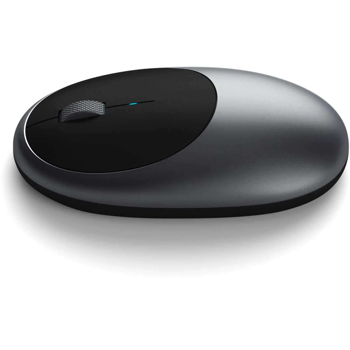 Czarna i szara mysz bezprzewodowa. Mysz ma kółko przewijania i lekko owalny kształt.