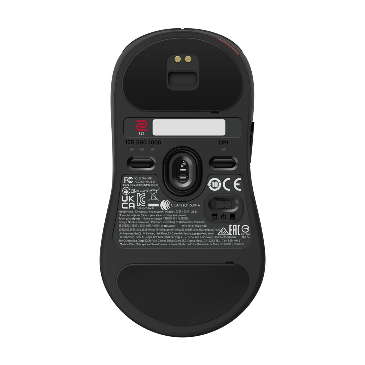 The underside of a black gaming mouse with labels and markings.