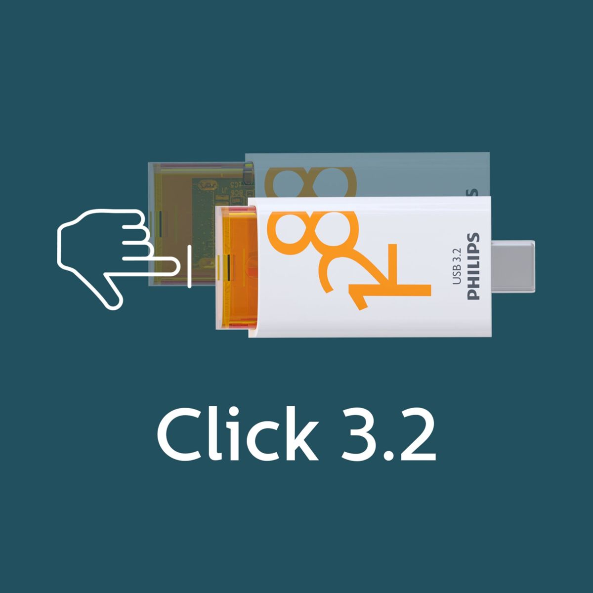Biały i pomarańczowy pendrive z napisem 'Click 3.2'. Istnieje ikona dłoni.