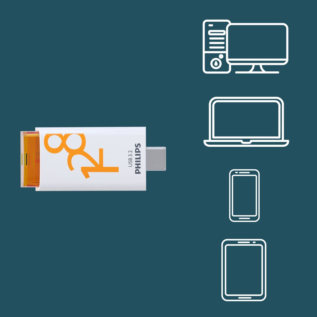 Biały i pomarańczowy pendrive z ikonami komputera stacjonarnego, laptopa, telefonu i tabletu. Widoczny jest tekst 'Click 3.2'.