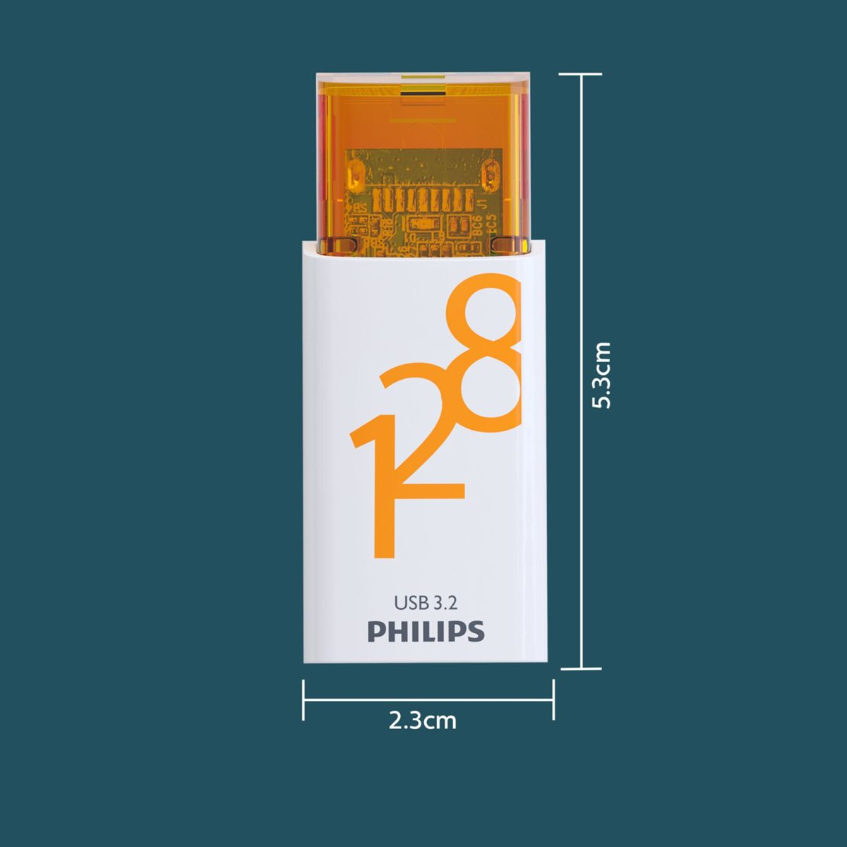 Biało-pomarańczowy pendrive. Ma numer 128 i napis USB 3.2 Philips.