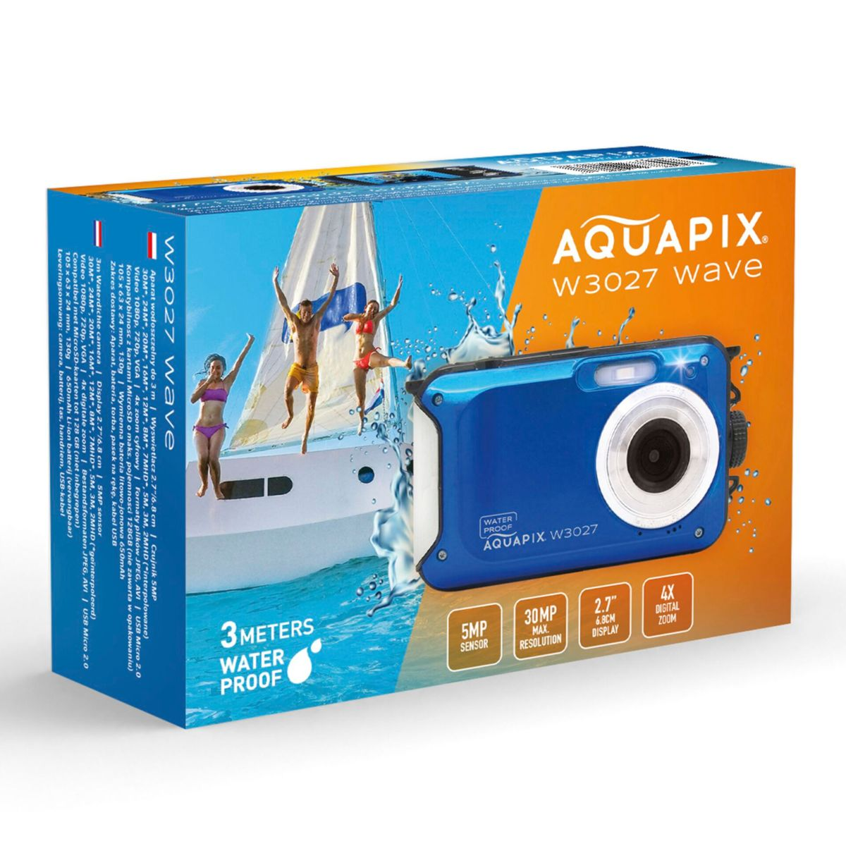 Eine blaue wasserdichte Kamera mit einer Box, die Menschen zeigt, die ins Wasser springen.