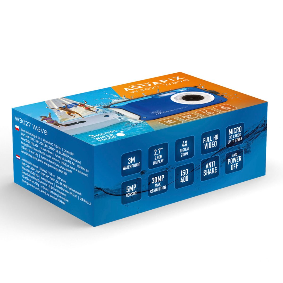 Eine blaue Box mit einer wasserdichten Kamera. Text ist auf die Box gedruckt, der die Kamera beschreibt.