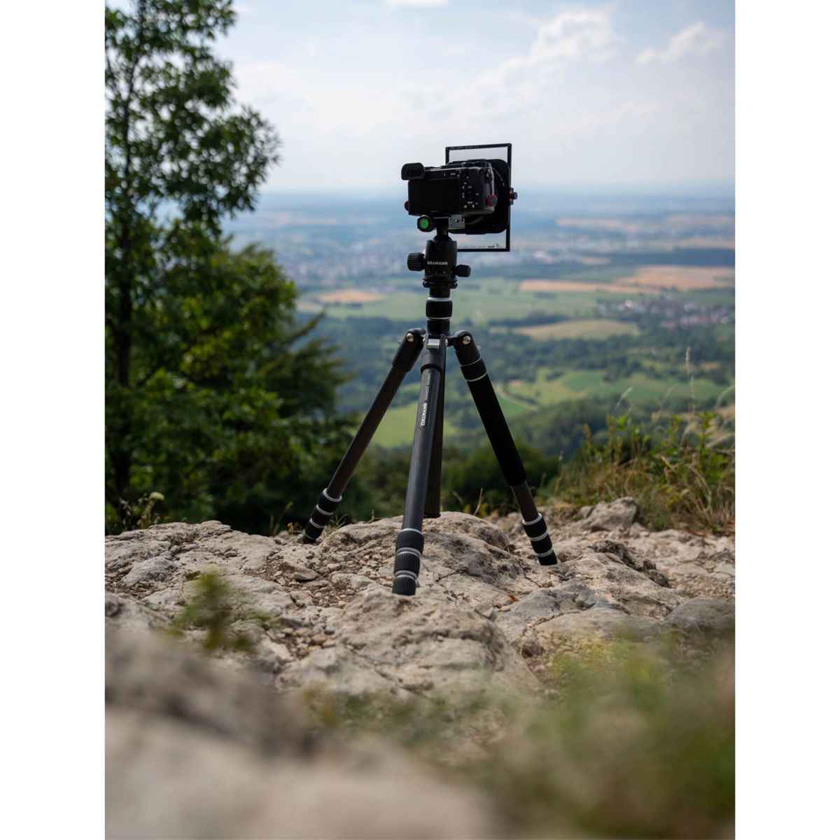Fotocamera su treppiede, vista panoramica. La fotocamera è puntata verso un paesaggio. Alberi verdi e cielo blu sullo sfondo.