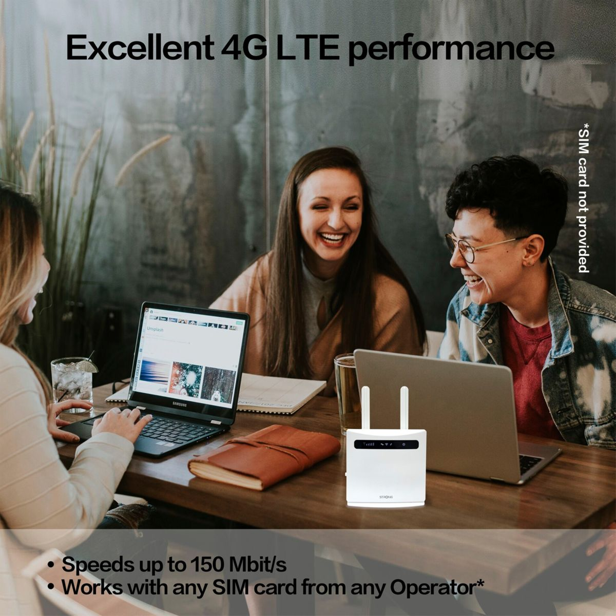 Tres personas riendo alrededor de una mesa, dos usando laptops. Un router en la mesa. Texto: Excelente rendimiento 4G LTE.