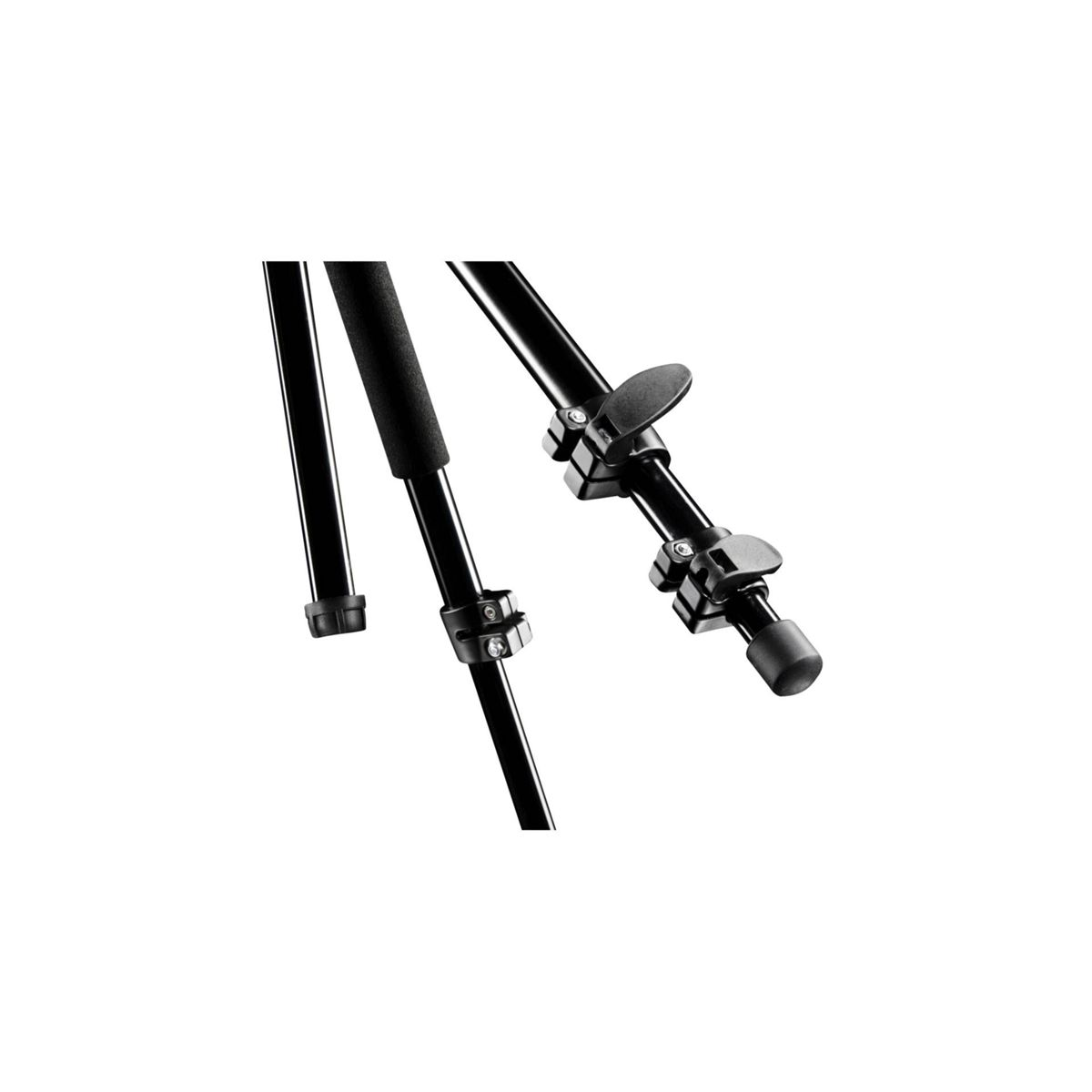 Zbliżenie nóg statywu, pokazujące mechanizmy blokujące i czarne nogi. Tło jest białe.