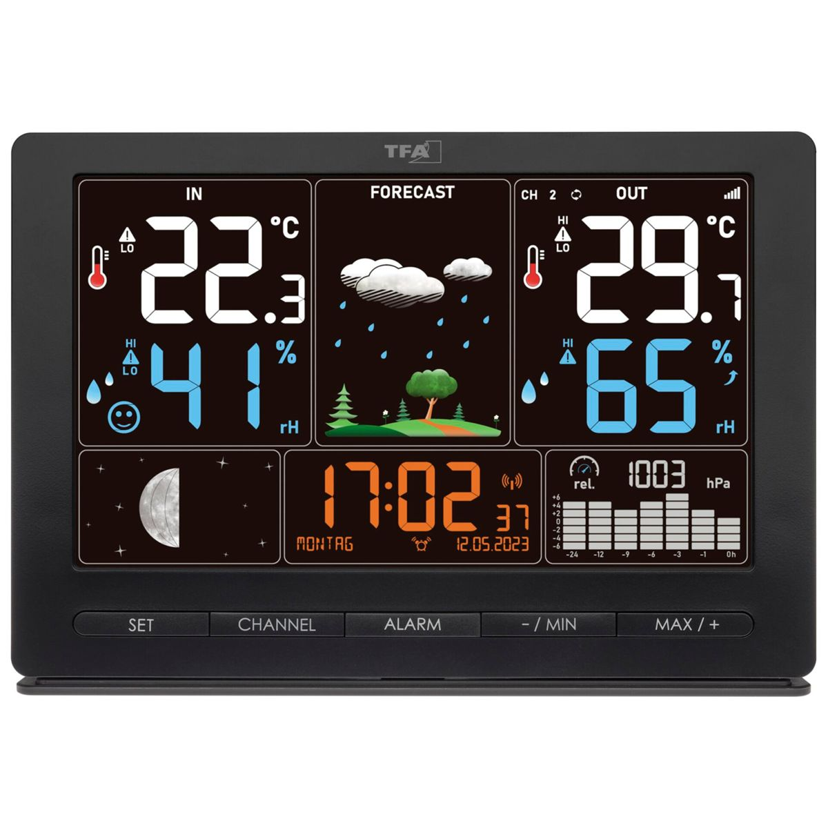 Schwarze digitale Wetterstation mit mehreren Anzeigen, die Zeit, Temperatur und Wettervorhersage anzeigen.