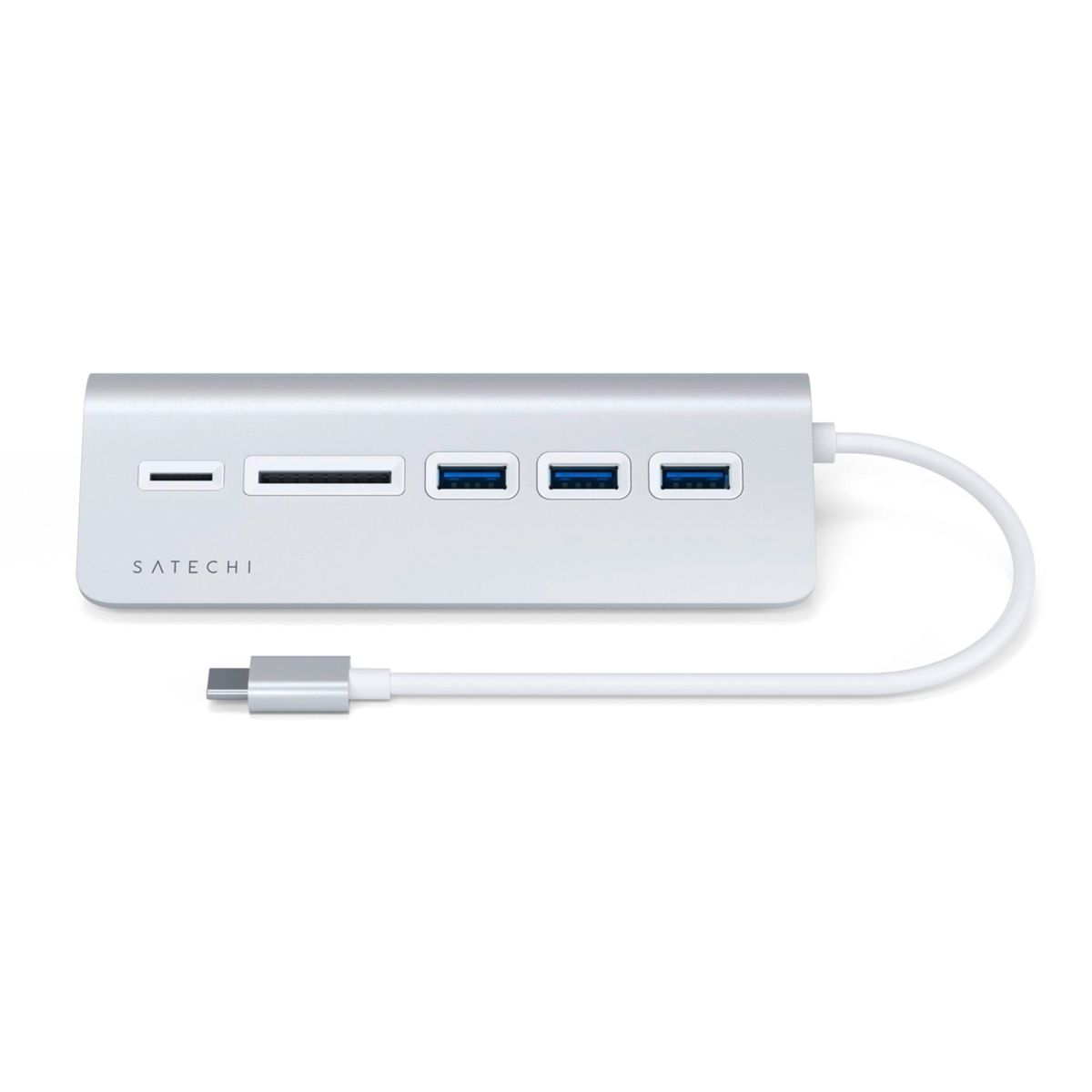 Srebrny hub USB z wieloma portami i białym kablem. Z przodu posiada porty kart SD i USB.
