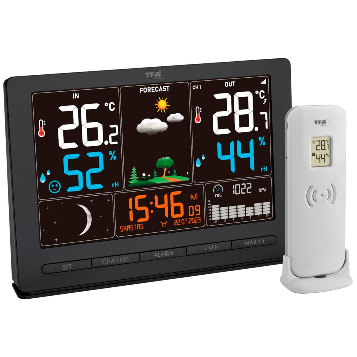 Eine Wetterstation mit Display und separatem Sensor. Das Display zeigt Temperatur, Luftfeuchtigkeit und Uhrzeit an.