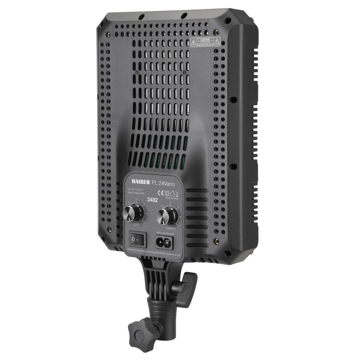 Rückseite eines schwarzen LED-Lichtpanels mit Belüftung, Drehreglern und Bedienelementen für CCT und Dimmer.