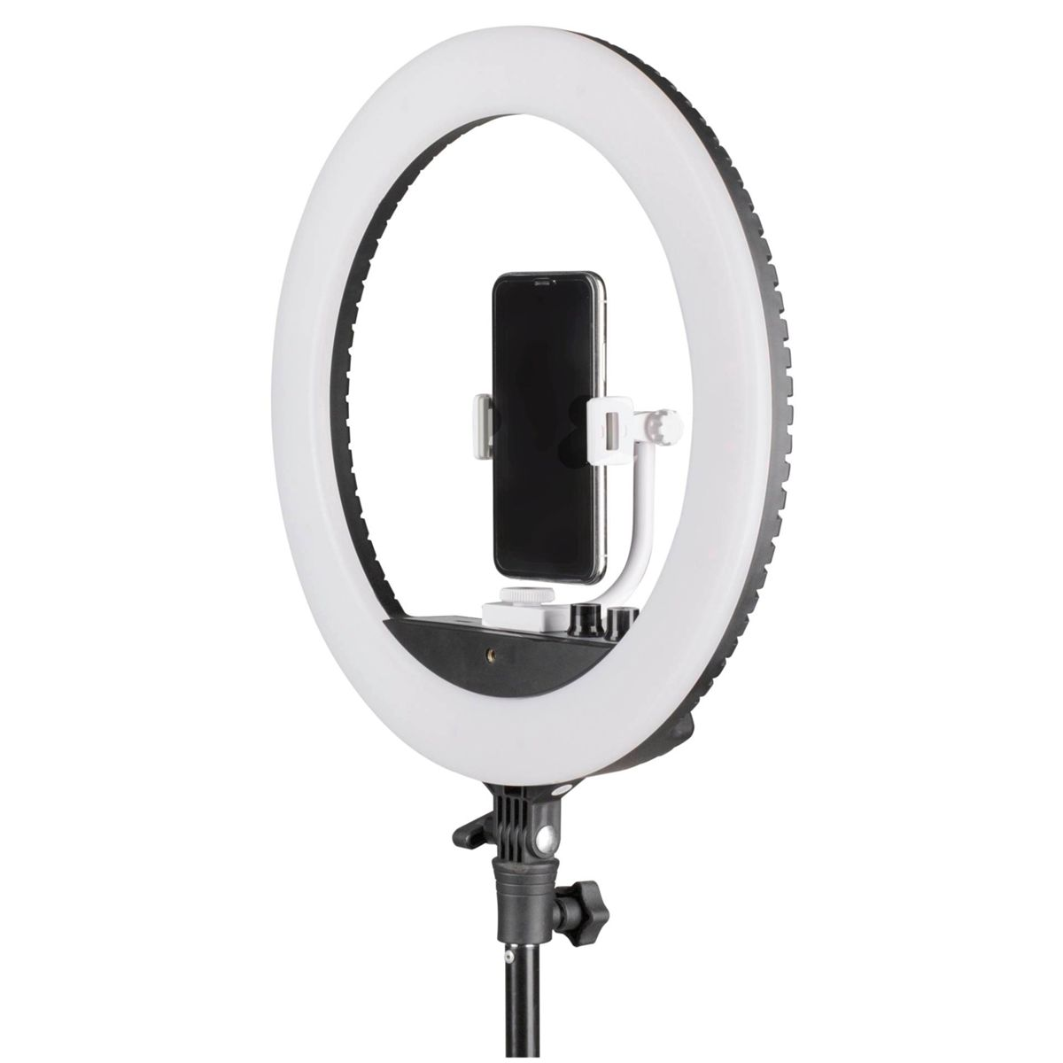 Anello luminoso con un telefono. Luce bianca, supporto per telefono nero. Sfondo nero.