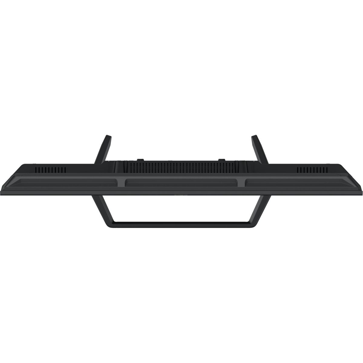 Telewizor z płaskim ekranem oglądany z góry. Jest czarny i prostokątny ze stojakiem.